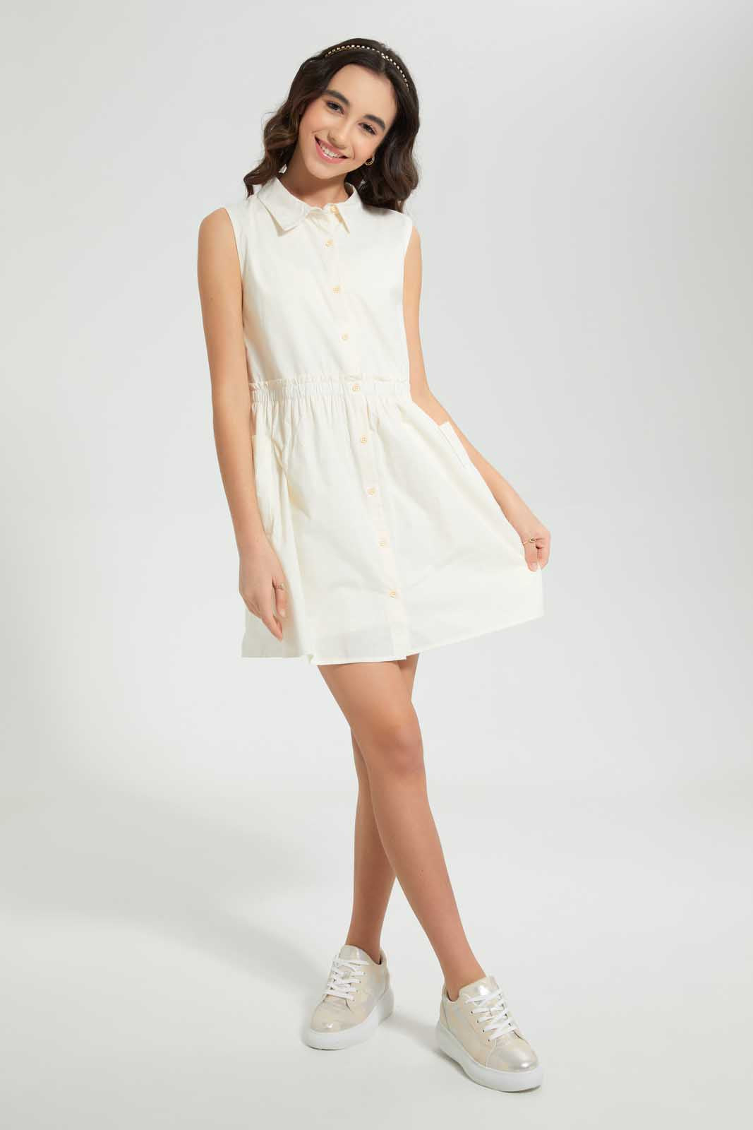Redtag-Beige-Shirt-Dress-Dresses-Senior-Girls-9 to 14 Years