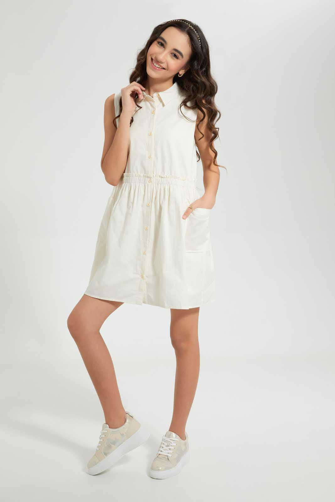 Redtag-Beige-Shirt-Dress-Dresses-Senior-Girls-9 to 14 Years