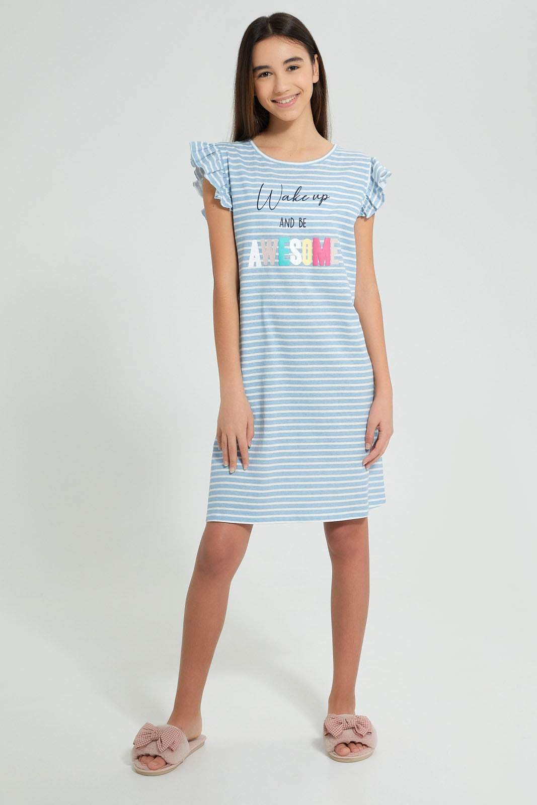 Redtag-White/Purple-Ruffled-Stripe-Night-Dress-Nightshirts-Senior-Girls-9 to 14 Years