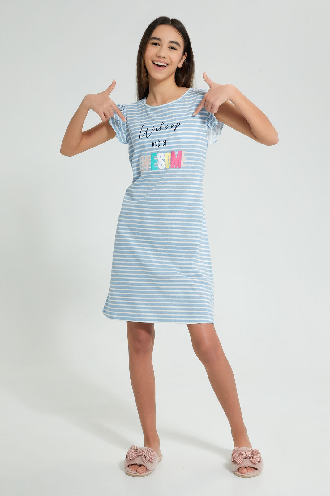 Redtag-White/Purple-Ruffled-Stripe-Night-Dress-Nightshirts-Senior-Girls-9 to 14 Years