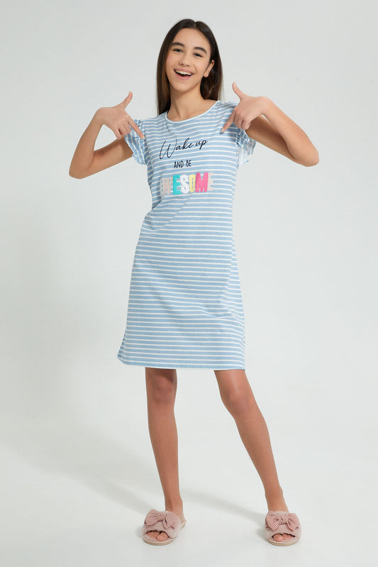 Redtag-White/Purple-Ruffled-Stripe-Night-Dress-Nightshirts-Senior-Girls-9 to 14 Years