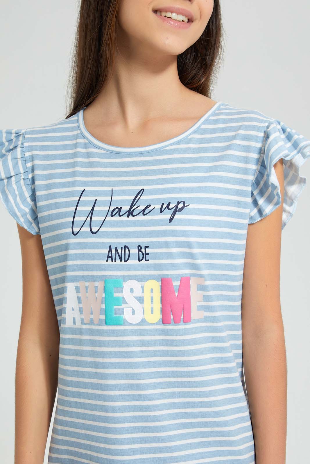 Redtag-White/Purple-Ruffled-Stripe-Night-Dress-Nightshirts-Senior-Girls-9 to 14 Years