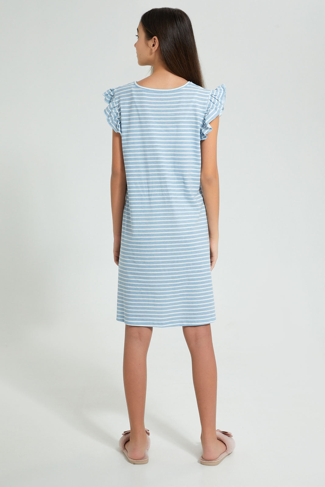 Redtag-White/Purple-Ruffled-Stripe-Night-Dress-Nightshirts-Senior-Girls-9 to 14 Years