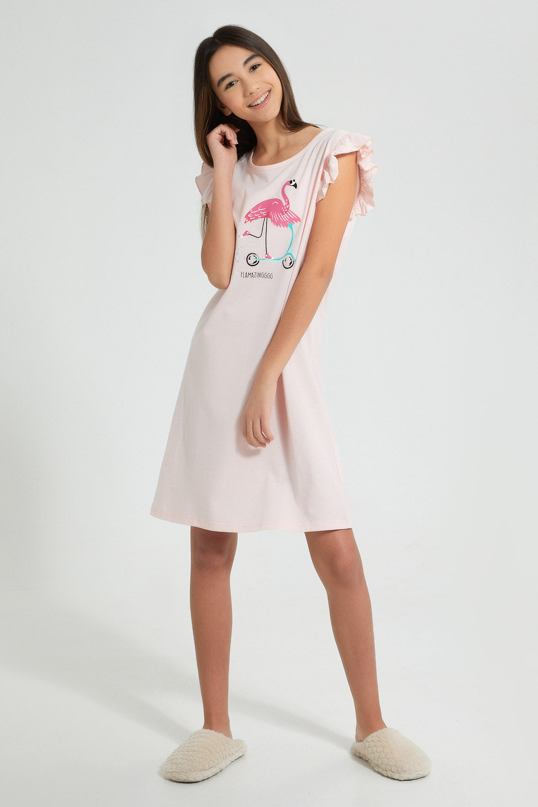 Redtag-Peach-Ruffled-Stripe-Night-Dress-Nightshirts-Senior-Girls-9 to 14 Years