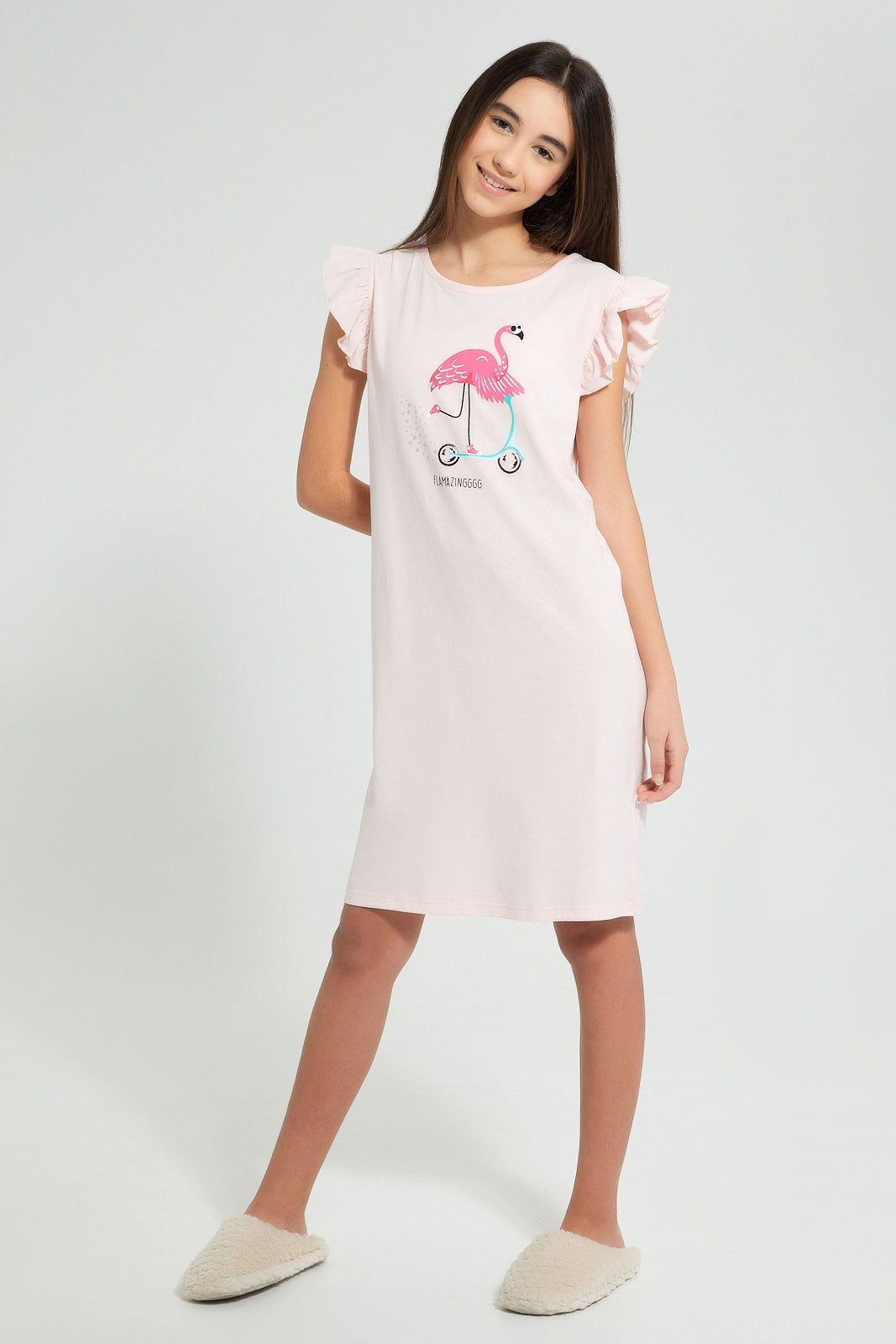 Redtag-Peach-Ruffled-Stripe-Night-Dress-Nightshirts-Senior-Girls-9 to 14 Years