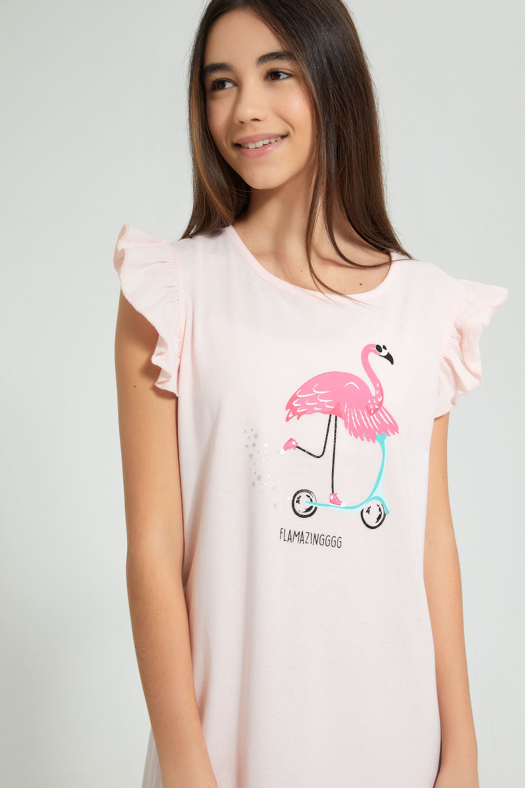 Redtag-Peach-Ruffled-Stripe-Night-Dress-Nightshirts-Senior-Girls-9 to 14 Years