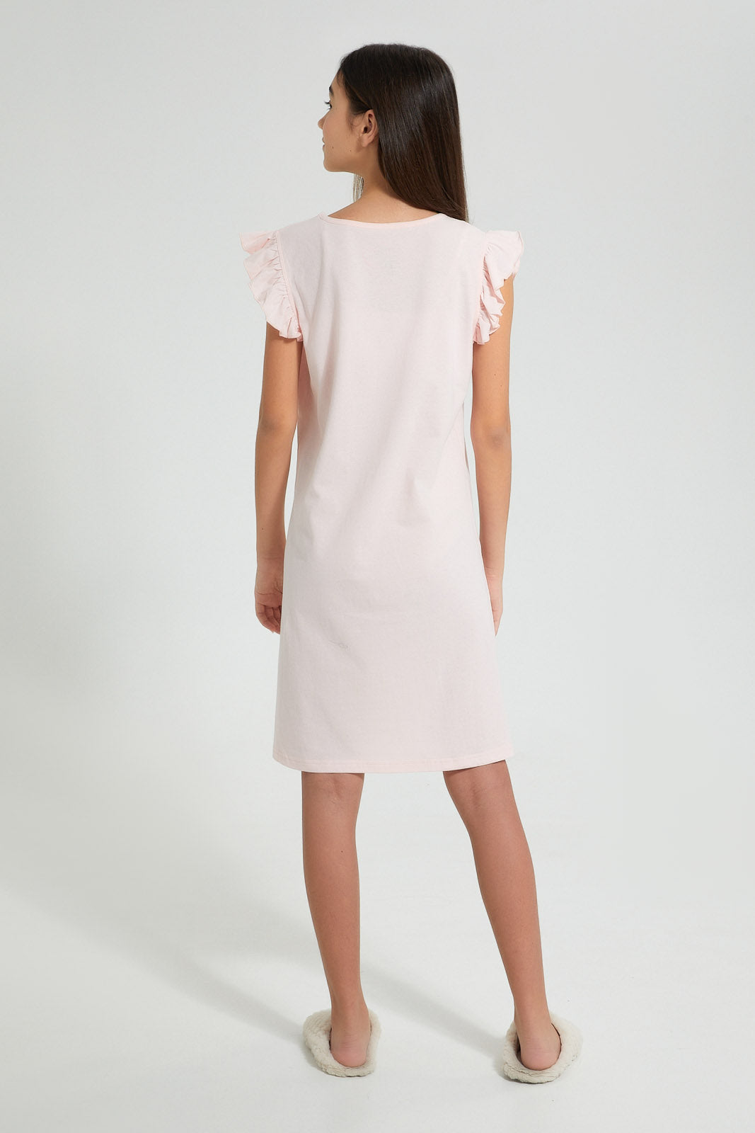 Redtag-Peach-Ruffled-Stripe-Night-Dress-Nightshirts-Senior-Girls-9 to 14 Years