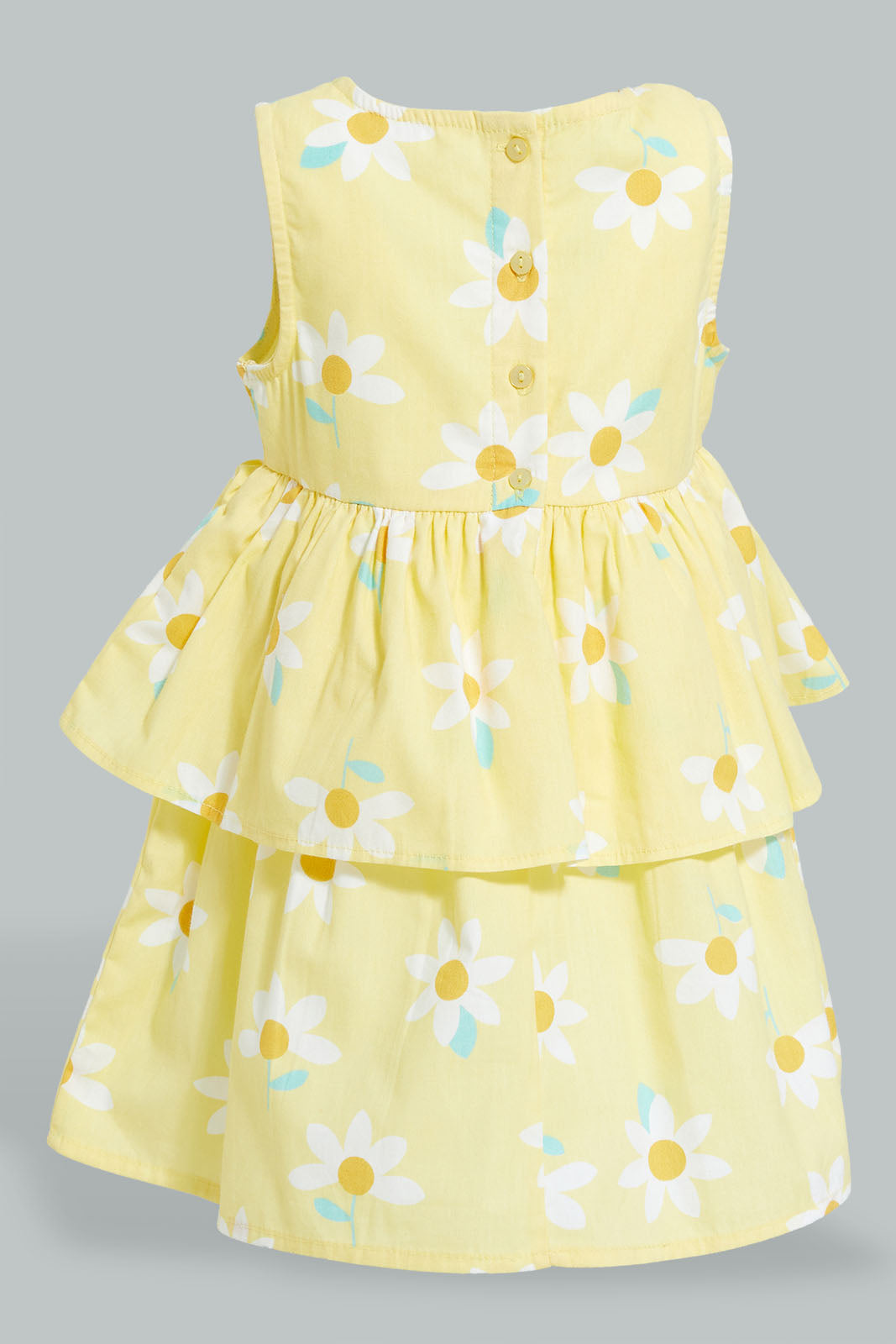 Redtag-Yellow-Floral-Printed-Sleeveless-Layered-Dress-Dresses-Infant-Girls-3 to 24 Months