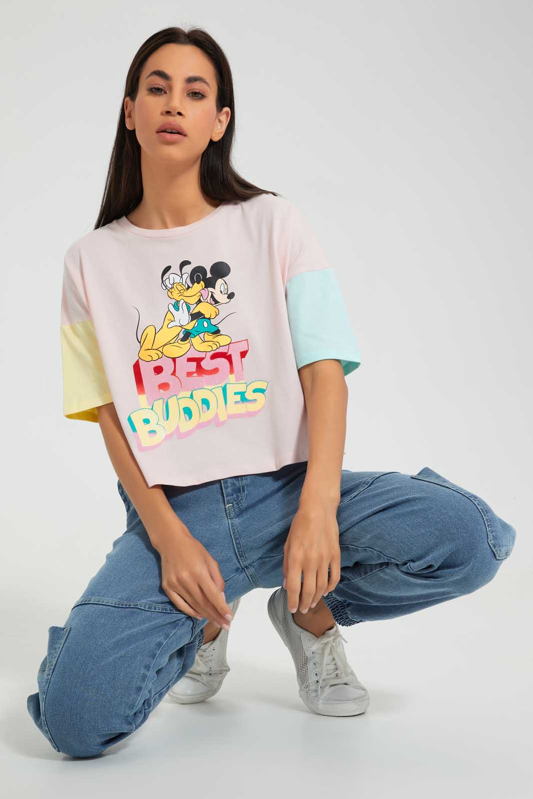 Pink Mickey Mouse Cropped T-Shirt