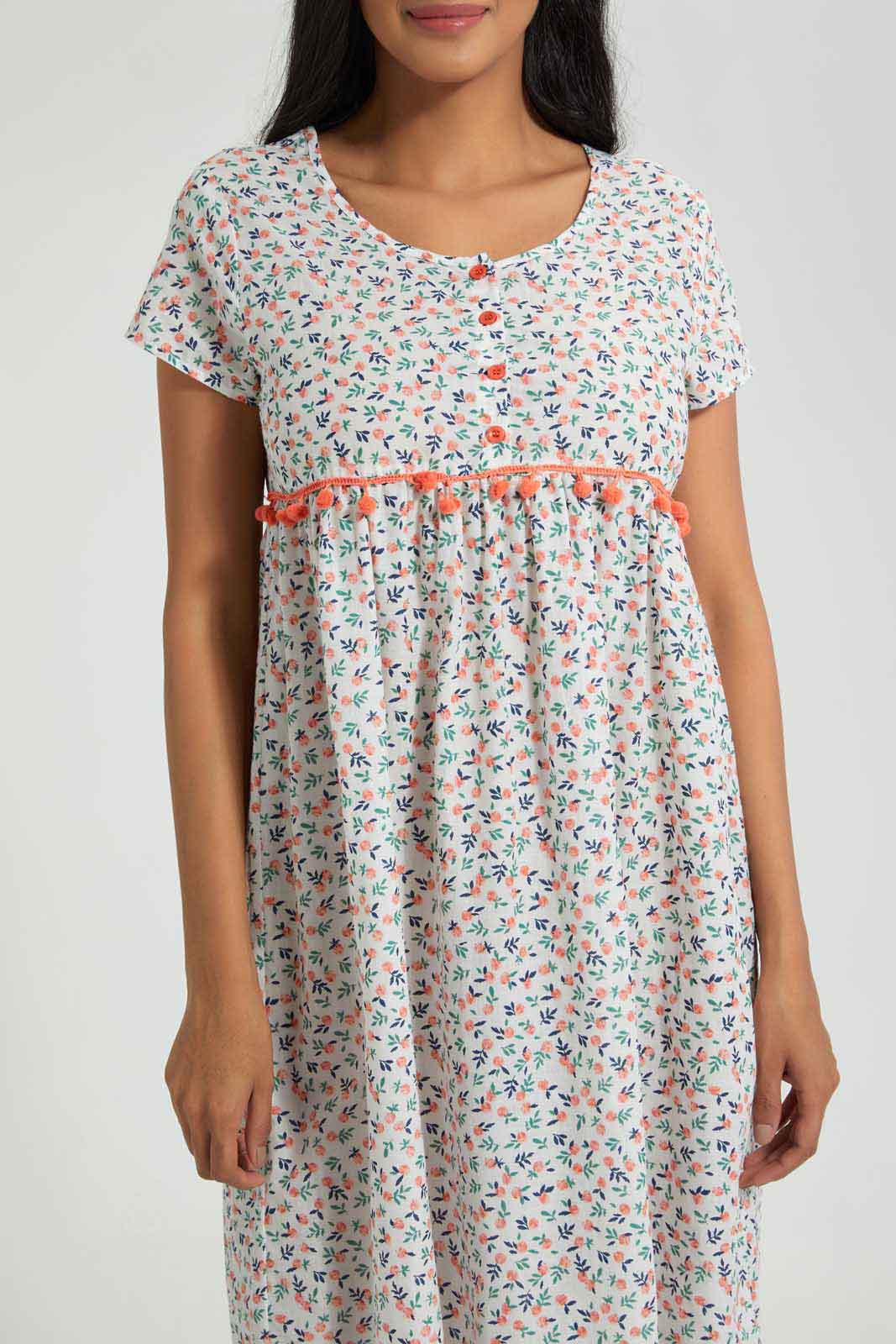 Ivory Floral Nightgown With Pom Pom