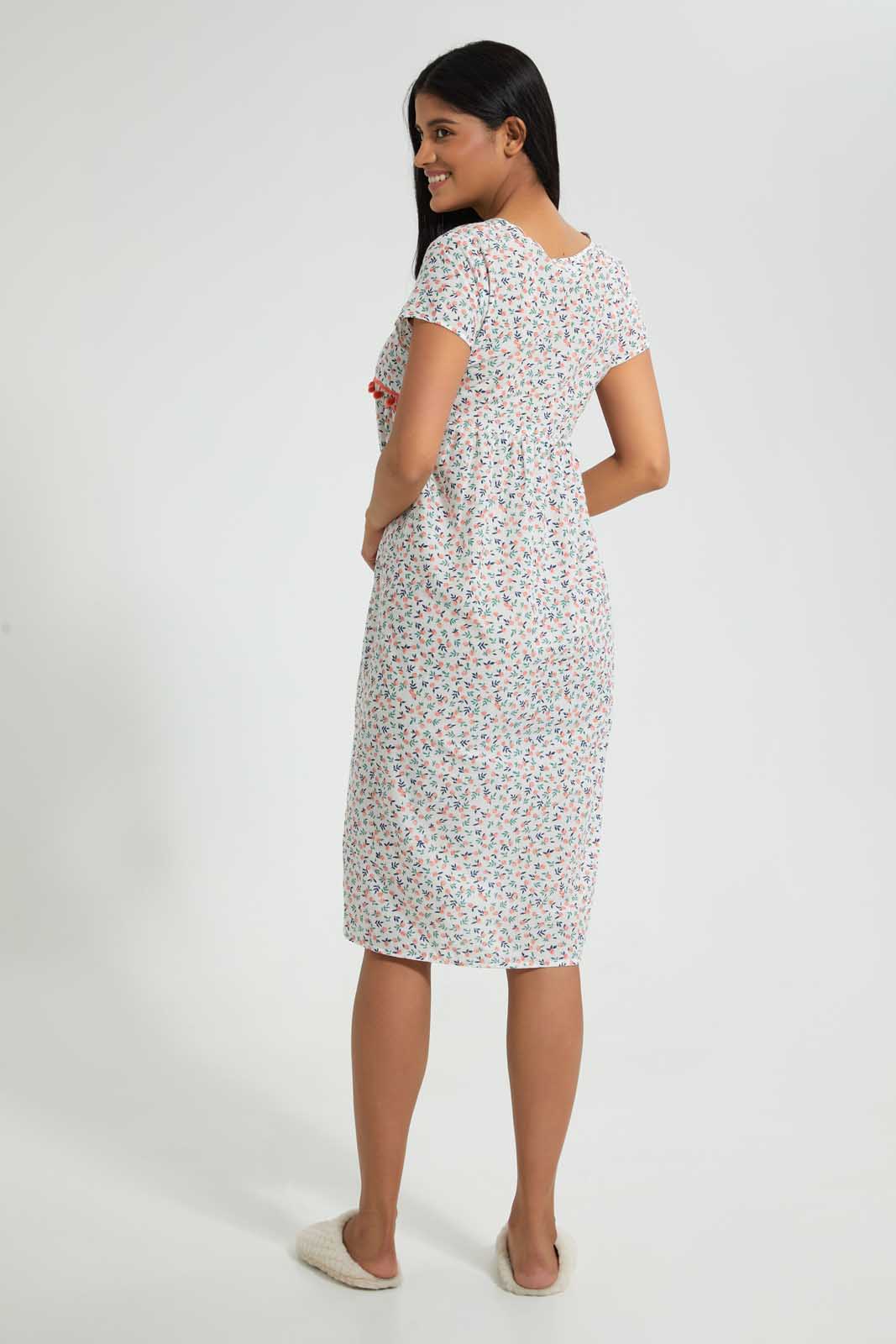 Ivory Floral Nightgown With Pom Pom
