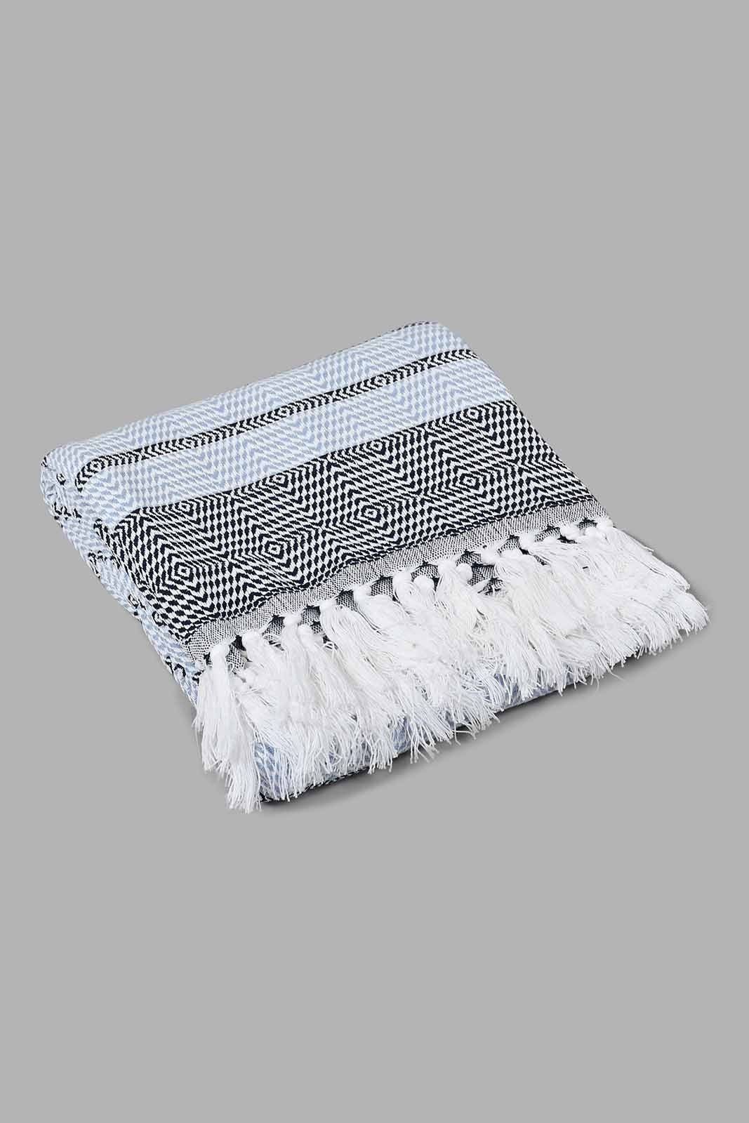 Redtag-White/Navy-Geometric-Throw-With-Tassel-Throws-Home-Bedroom-