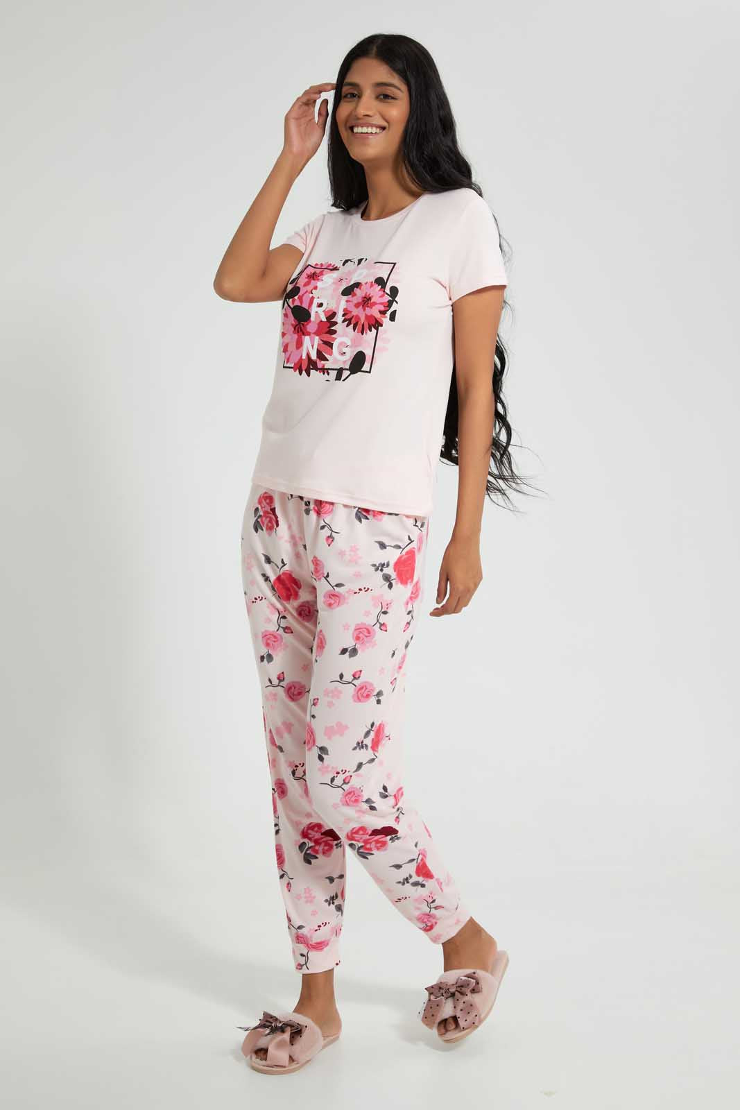 Redtag-Pale-Pink-Floral-Printed-Pyjama-Set-Pyjama-Sets-Women's-
