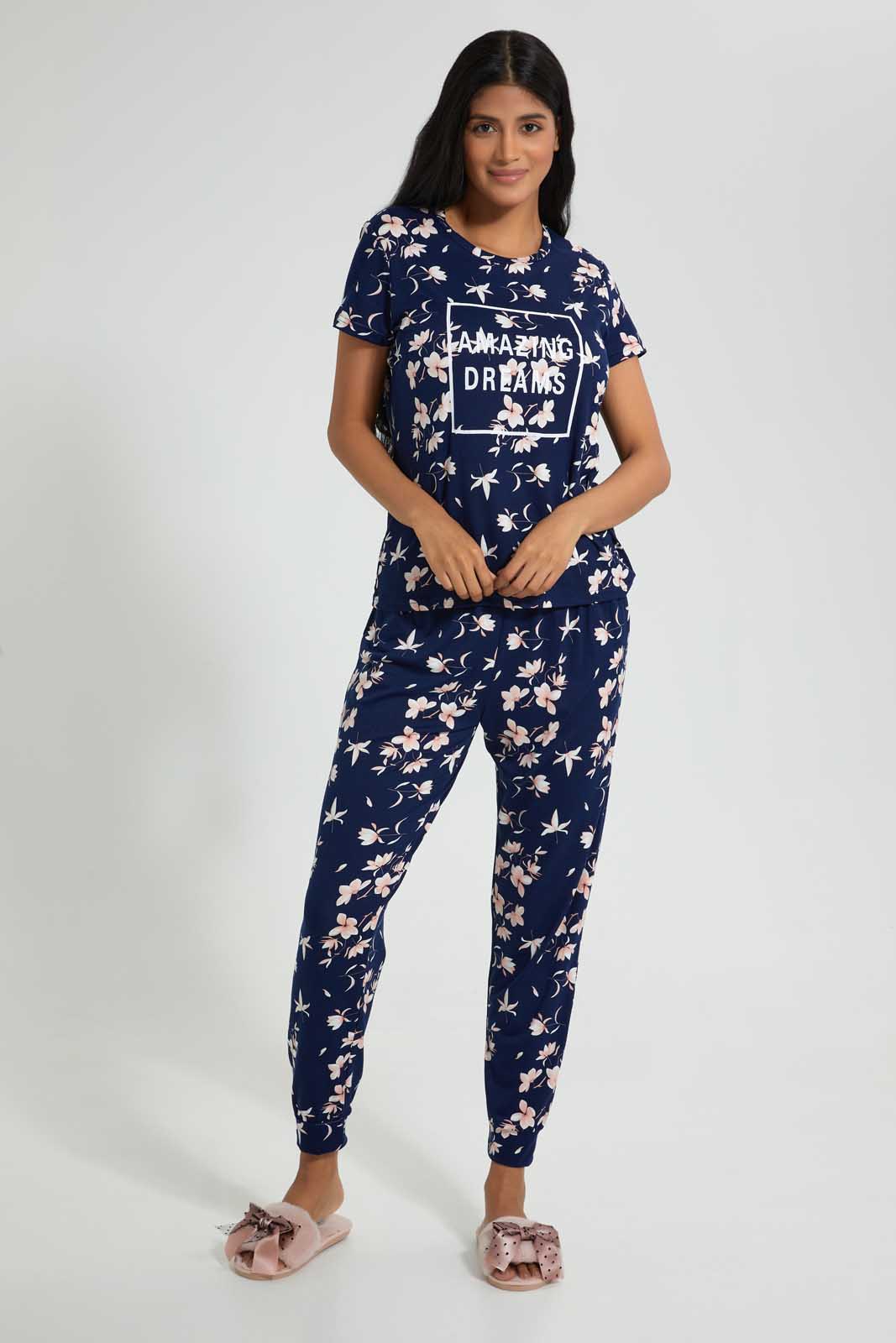 Redtag-Navy-Floral-Printed-Pyjama-Set-Pyjama-Sets-Women's-