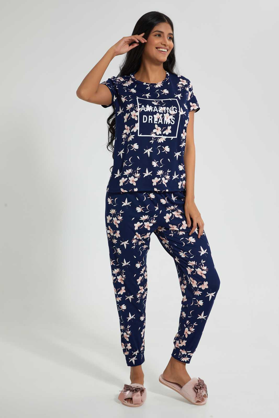 Redtag-Navy-Floral-Printed-Pyjama-Set-Pyjama-Sets-Women's-
