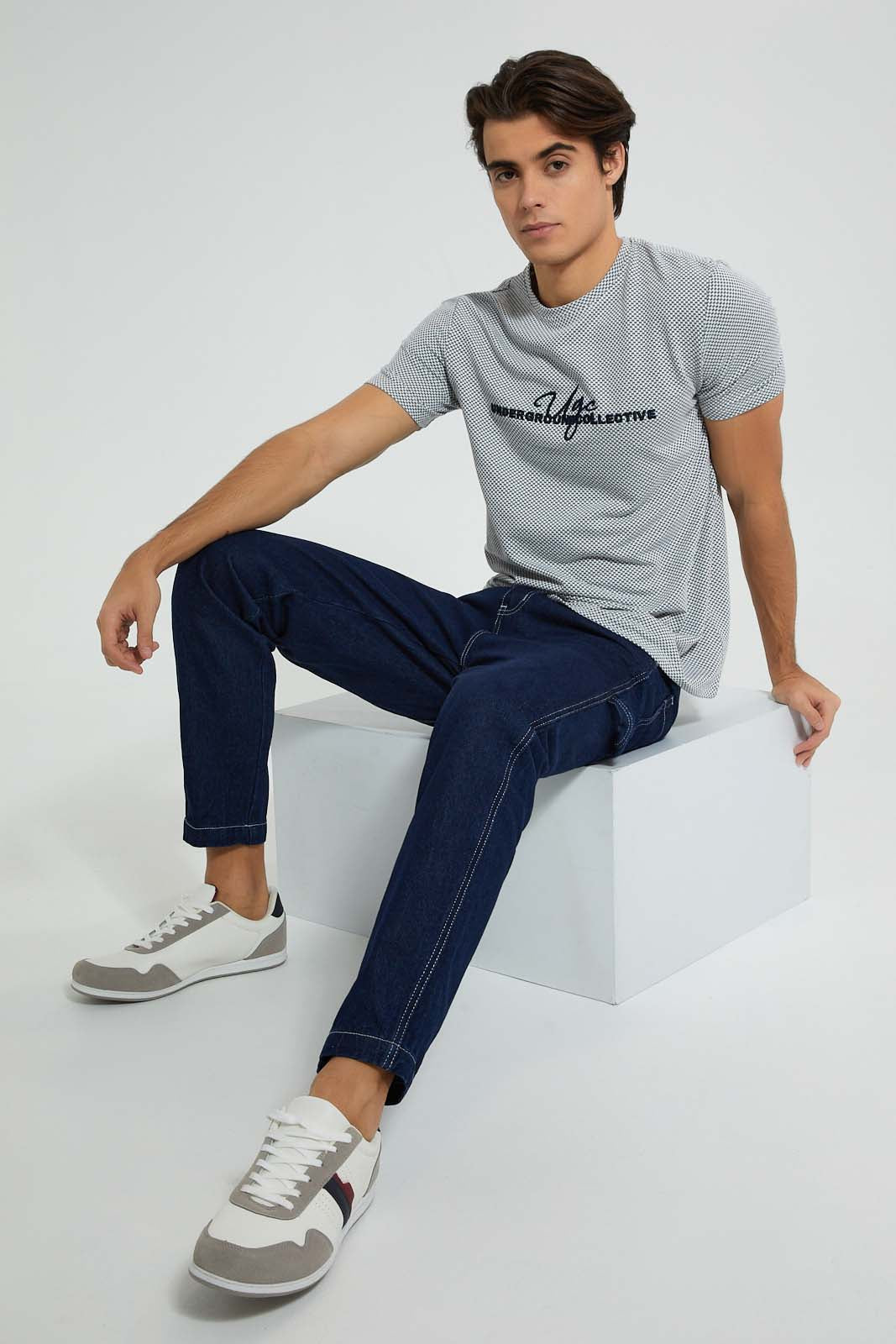 Redtag-Grey-Textured-T-Shirt-Graphic-Prints-Men's-