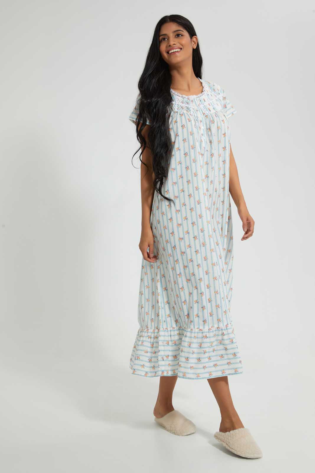 Redtag-Ivory-Floral/Stripe-Printed-Nightgown-Nightgowns-Women's-