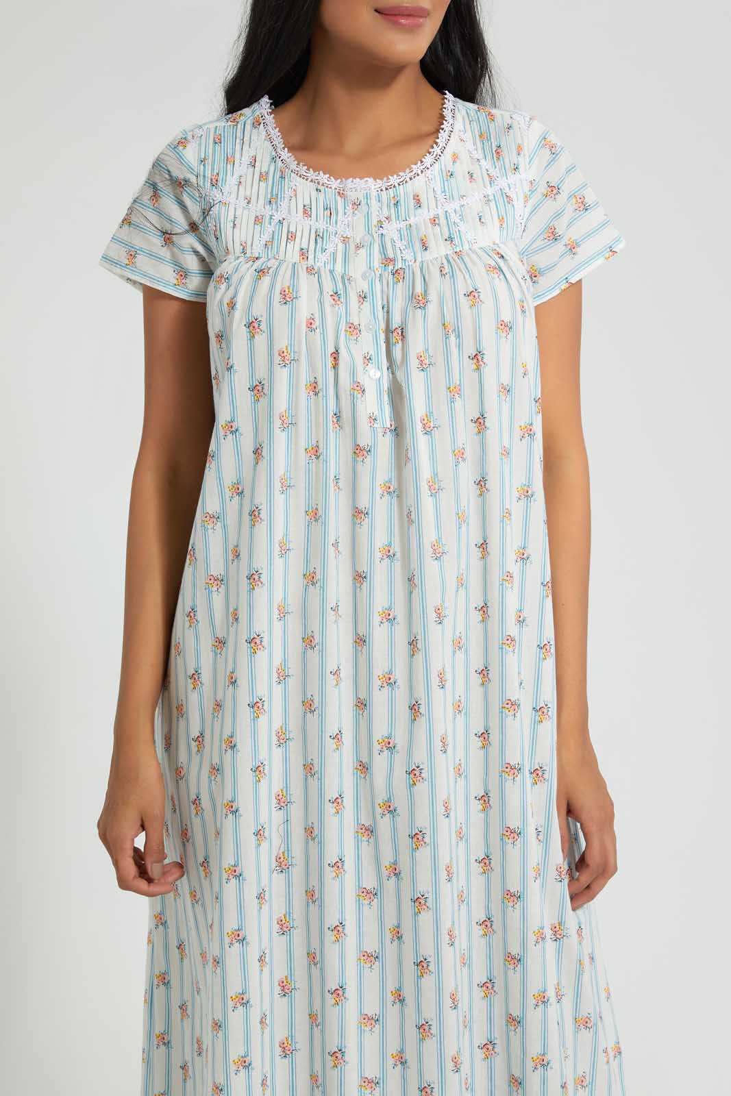 Redtag-Ivory-Floral/Stripe-Printed-Nightgown-Nightgowns-Women's-