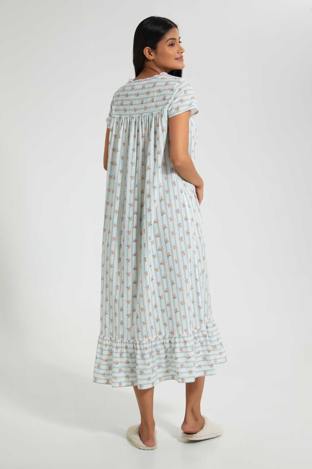Redtag-Ivory-Floral/Stripe-Printed-Nightgown-Nightgowns-Women's-