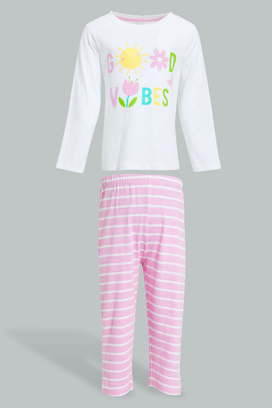 Redtag-White-Printed-T-Shirt-With-Printed-Pyjama-Set-Pyjama-Sets-Infant-Girls-3 to 24 Months
