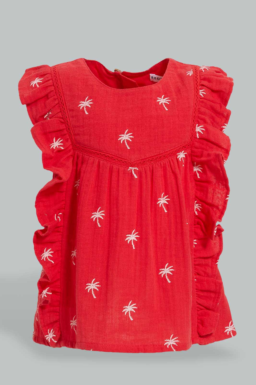 Redtag-Red-Embroideredroidered-Top-With-Side-Frills-Blouses-Infant-Girls-3 to 24 Months