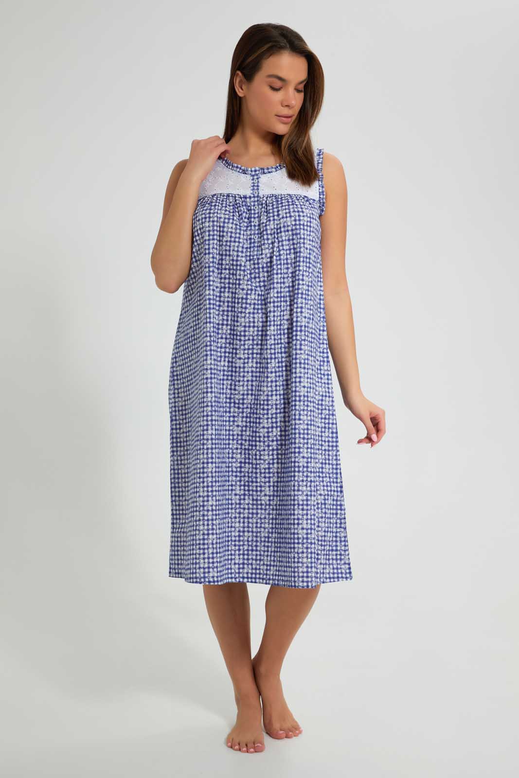 Redtag-Blue-Check-Printed-Nightgown-Nightgowns-Women's-
