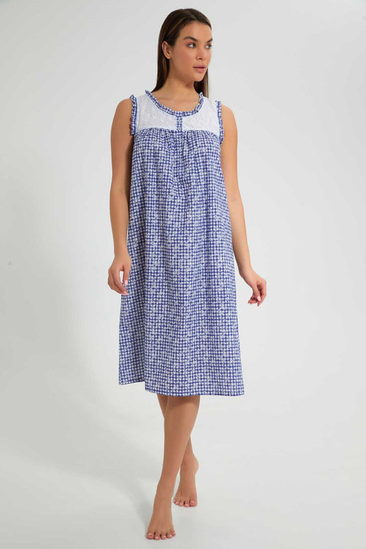 Redtag-Blue-Check-Printed-Nightgown-Nightgowns-Women's-