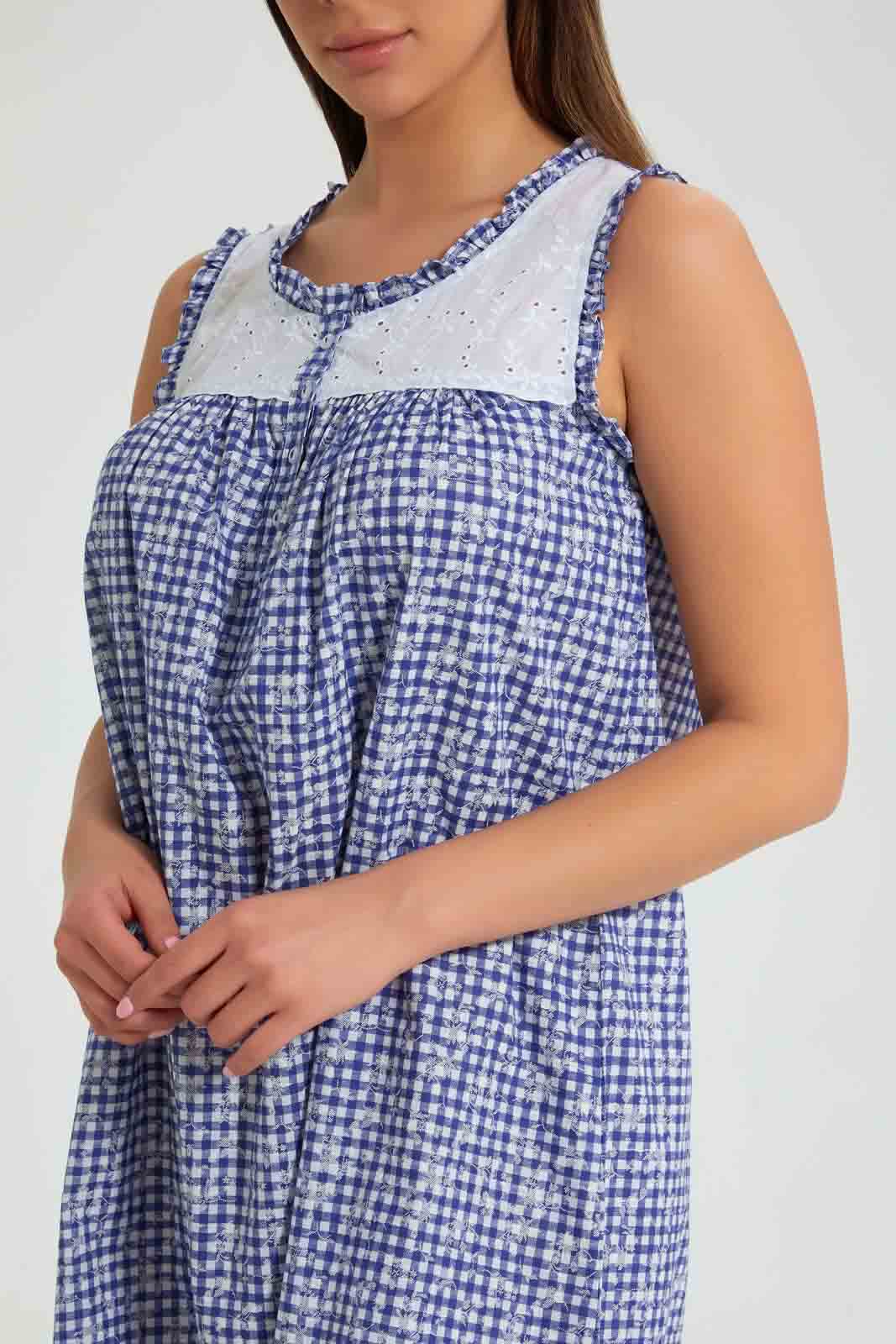Redtag-Blue-Check-Printed-Nightgown-Nightgowns-Women's-