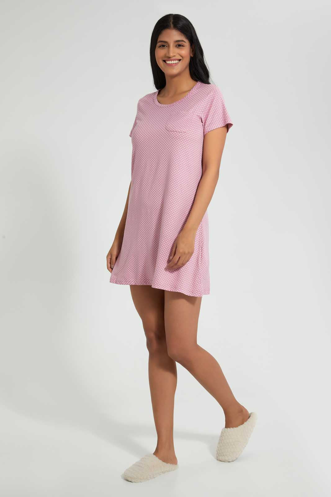 Redtag-Pale-Pink-Polka-Printed-Nightshirt-With-Pocket-Nightshirts-Women's-