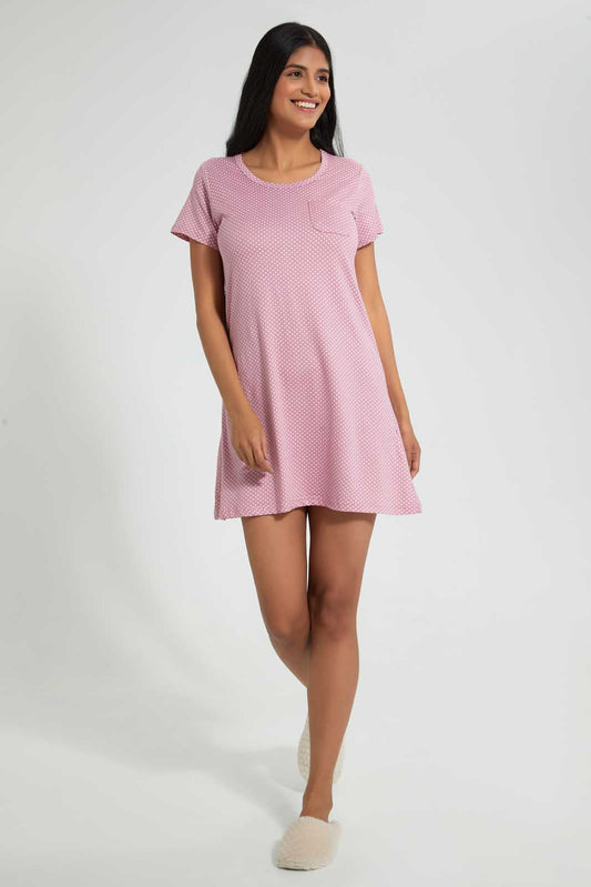 Redtag-Pale-Pink-Polka-Printed-Nightshirt-With-Pocket-Nightshirts-Women's-