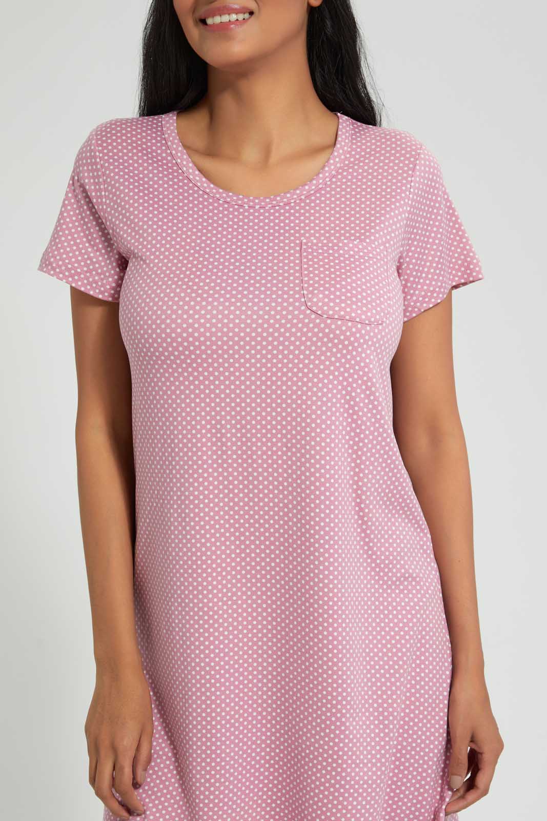 Redtag-Pale-Pink-Polka-Printed-Nightshirt-With-Pocket-Nightshirts-Women's-