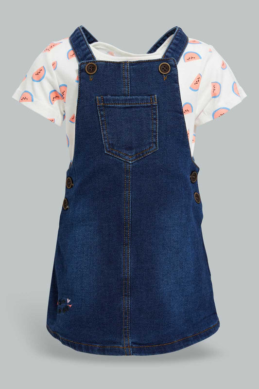 Redtag-White-Aop-Top-With-Denim-Dungree-Sets-Infant-Girls-3 to 24 Months