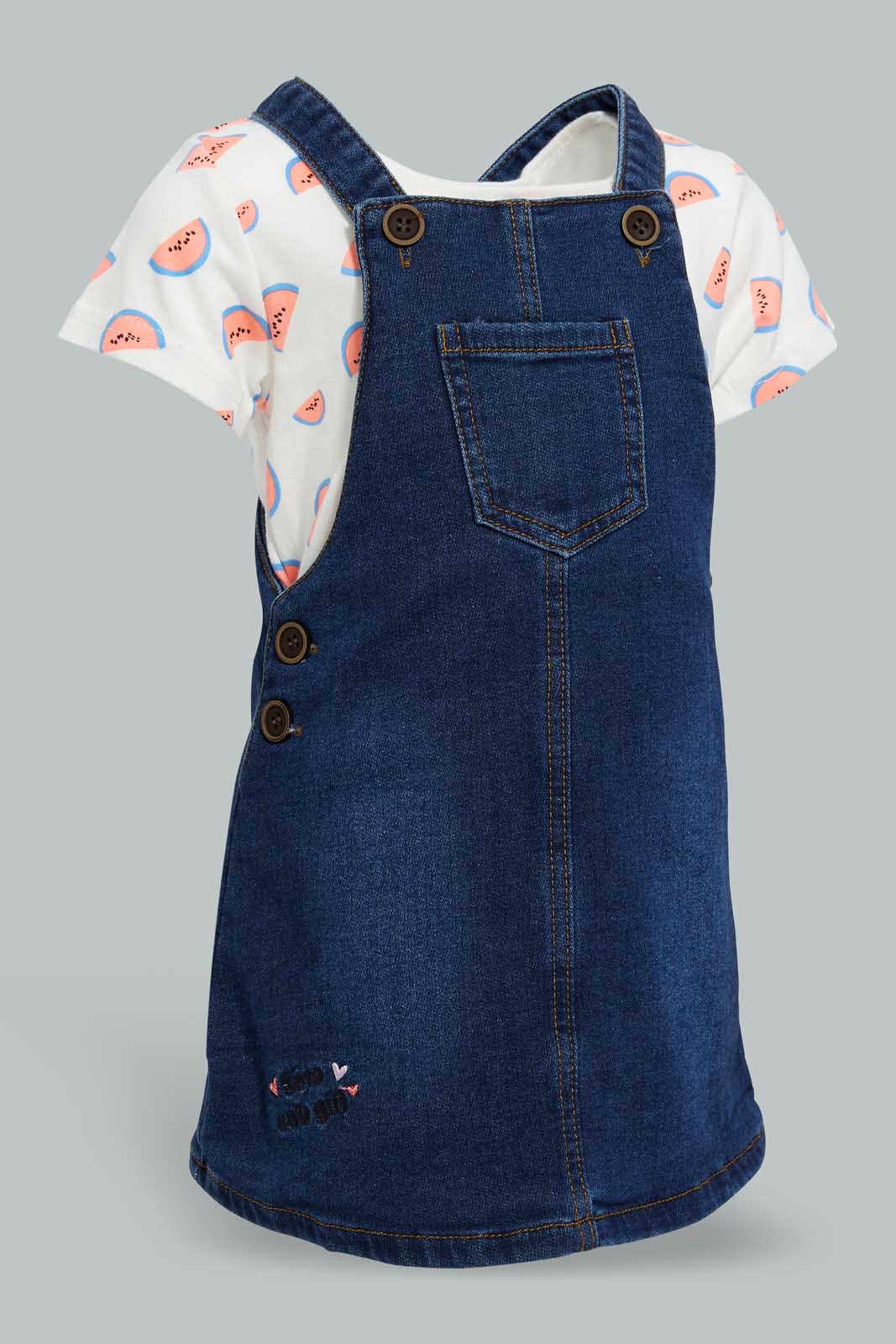 Redtag-White-Aop-Top-With-Denim-Dungree-Sets-Infant-Girls-3 to 24 Months