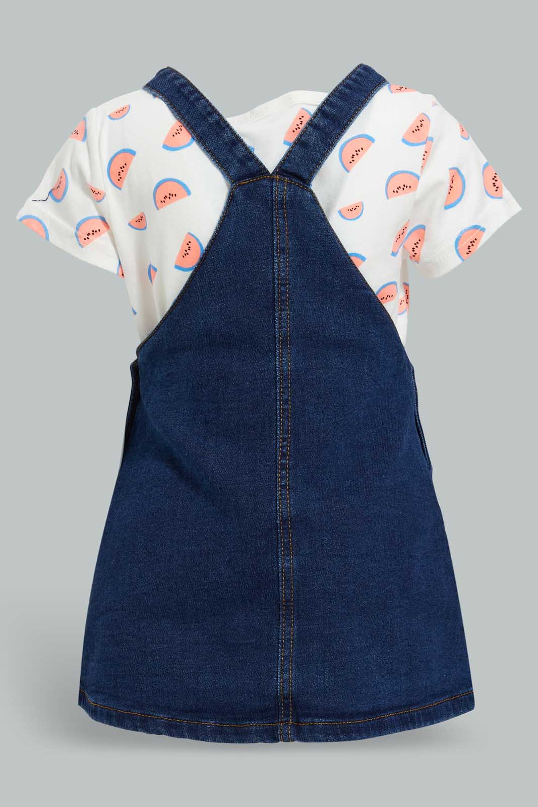 Redtag-White-Aop-Top-With-Denim-Dungree-Sets-Infant-Girls-3 to 24 Months