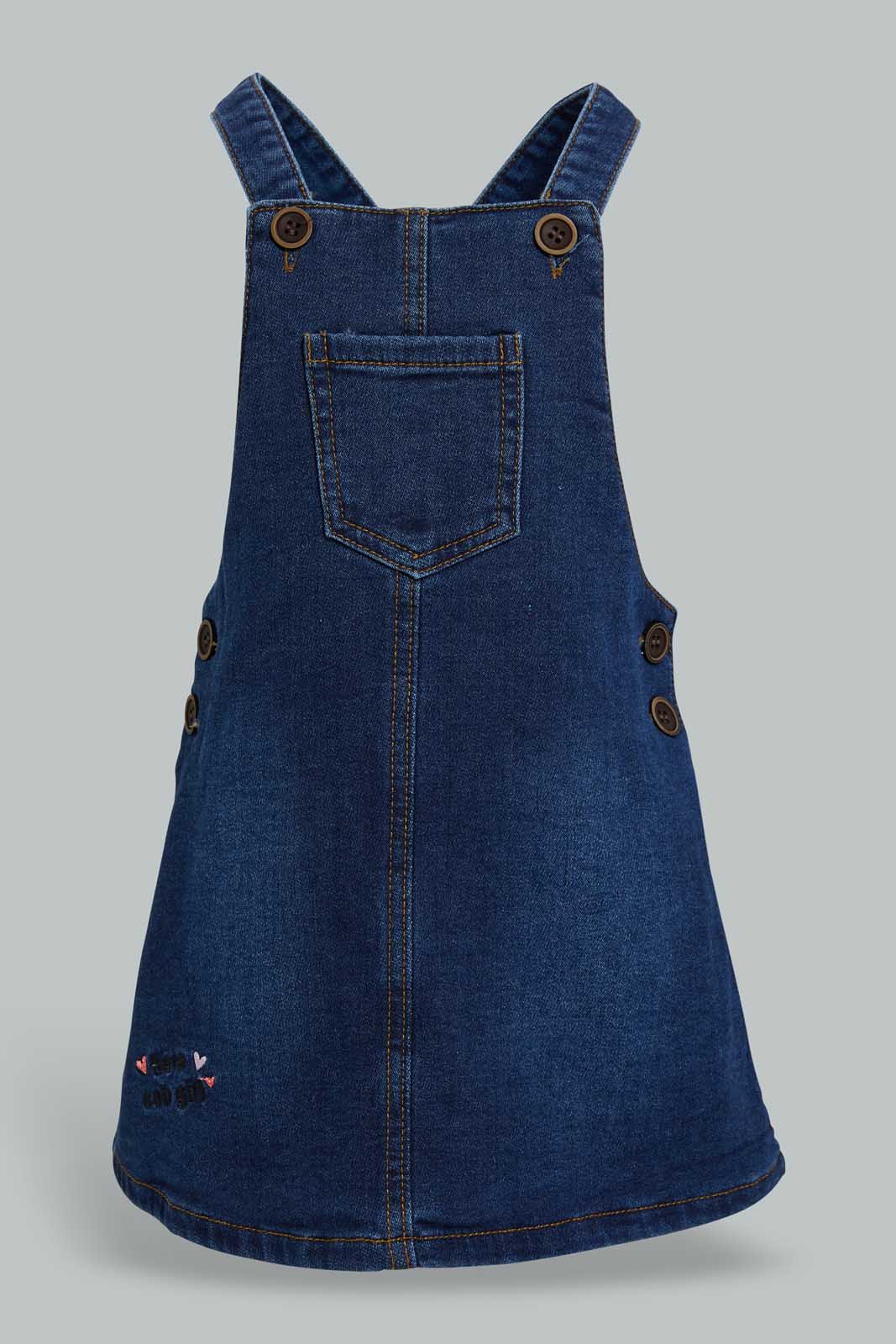 Redtag-White-Aop-Top-With-Denim-Dungree-Sets-Infant-Girls-3 to 24 Months