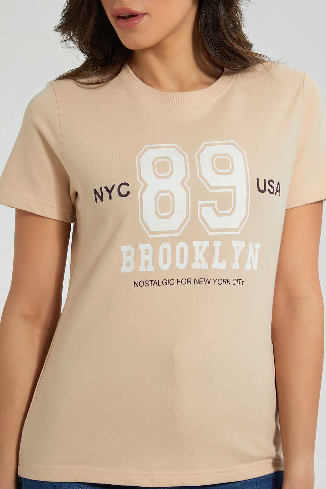 Redtag-Beige-Oversized-Printed-Tee-Plain-Women's-