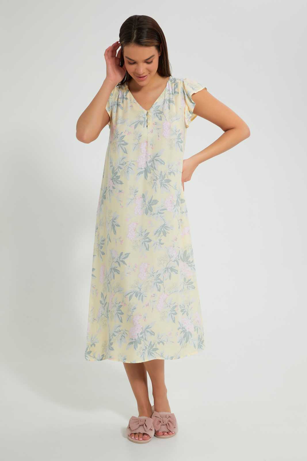 Redtag-Yellow-Floral-Printed-Nightgown-Nightgowns-Women's-