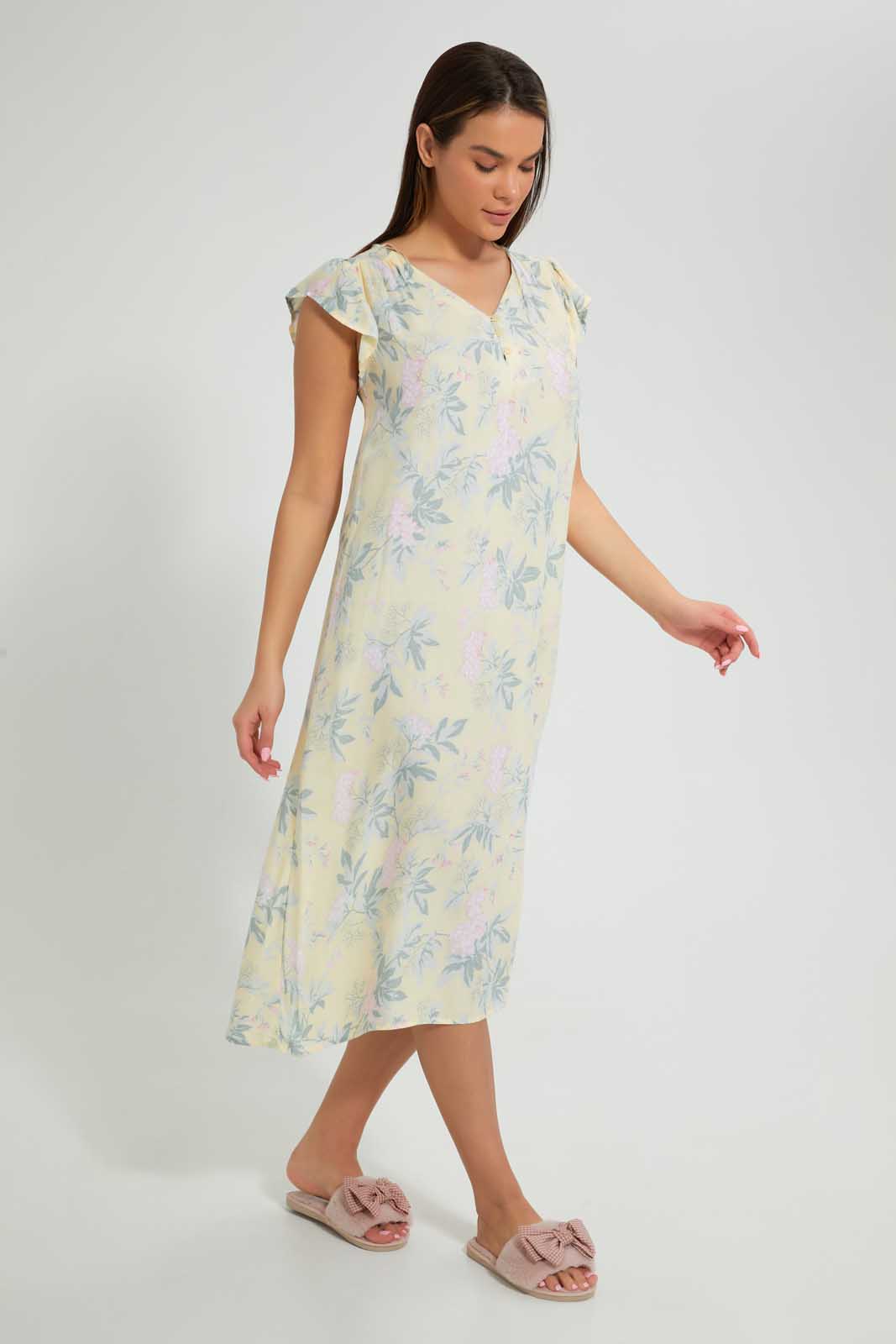 Redtag-Yellow-Floral-Printed-Nightgown-Nightgowns-Women's-