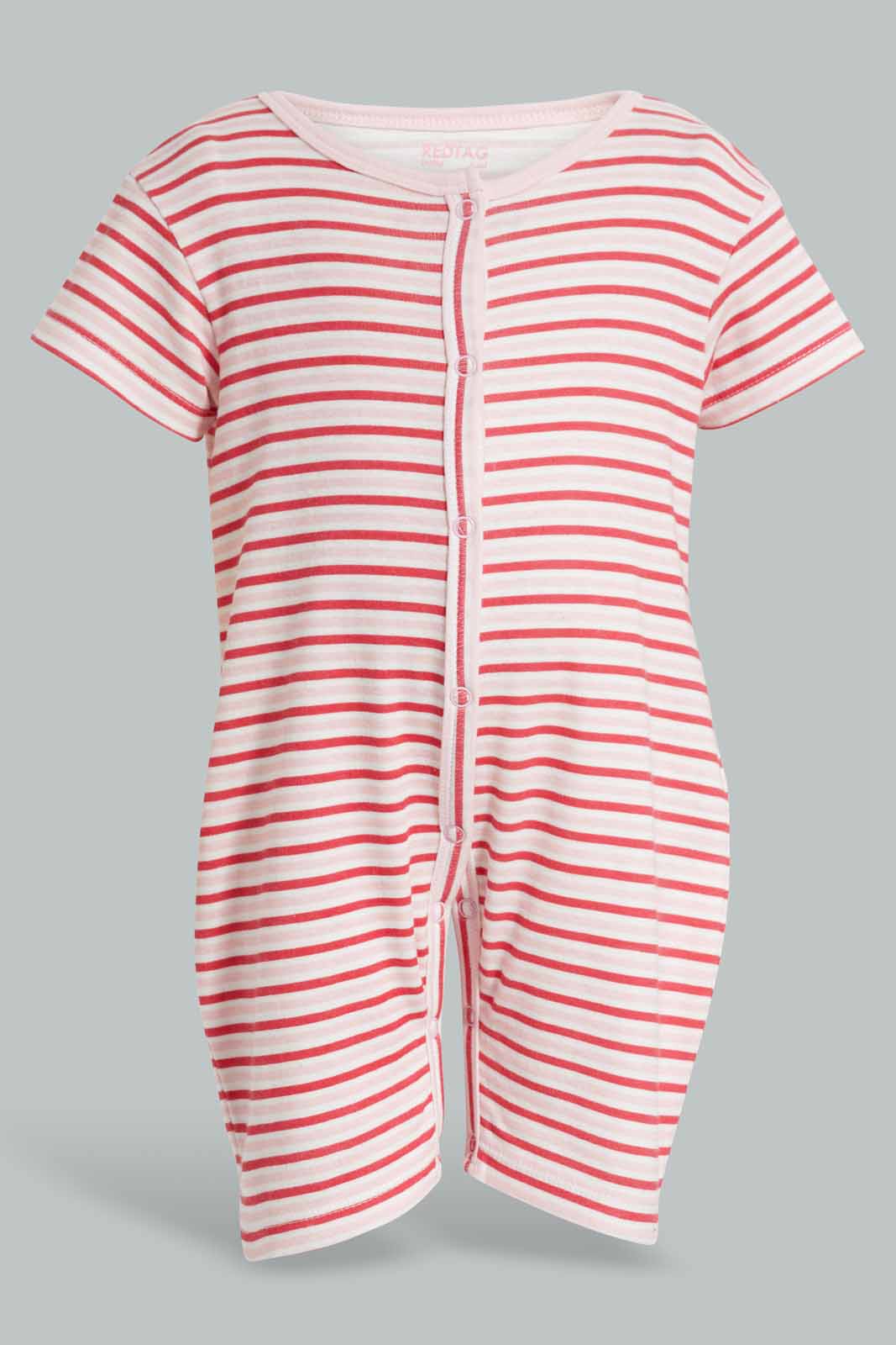 Redtag-Pink-Stripe-Romper-APL,-Category:Rompers,-Colour:Apricot,-Deals:New-In,-Filter:Baby-(0-to-12-Mths),-NBG-Rompers,-New-In-NBG-APL,-Non-Sale,-PPE,-Section:Girls-(0-to-14Yrs),-W22O-Baby-0 to 12 Months