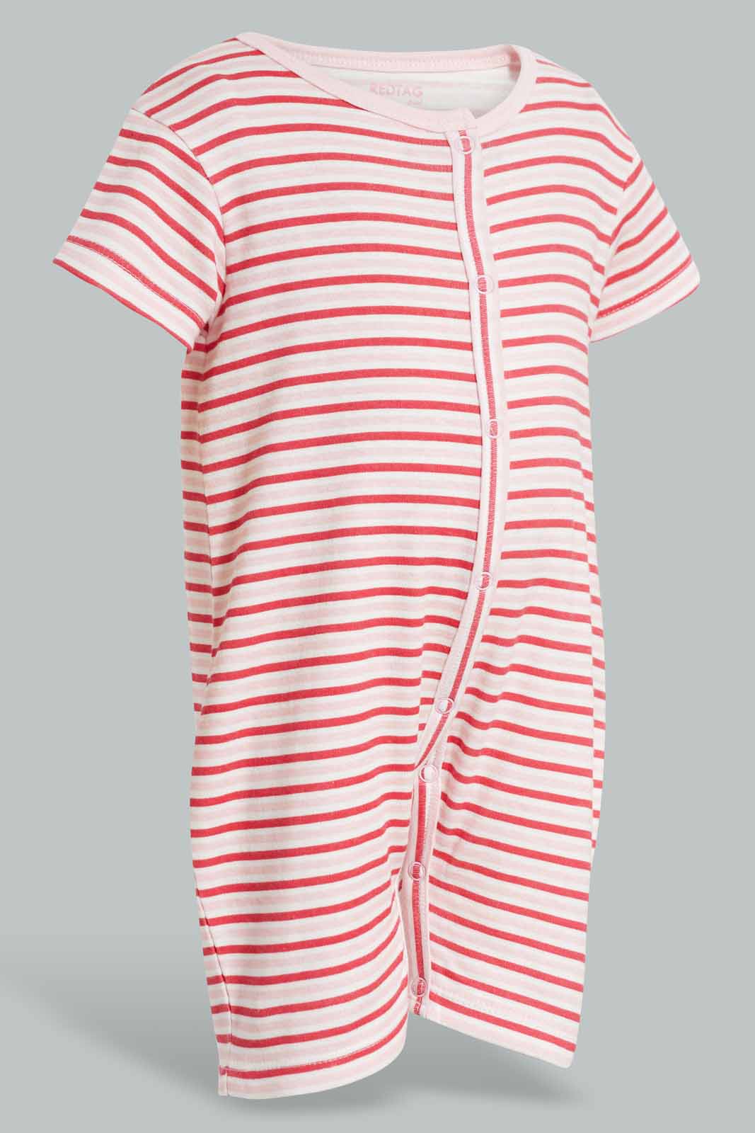 Redtag-Pink-Stripe-Romper-APL,-Category:Rompers,-Colour:Apricot,-Deals:New-In,-Filter:Baby-(0-to-12-Mths),-NBG-Rompers,-New-In-NBG-APL,-Non-Sale,-PPE,-Section:Girls-(0-to-14Yrs),-W22O-Baby-0 to 12 Months