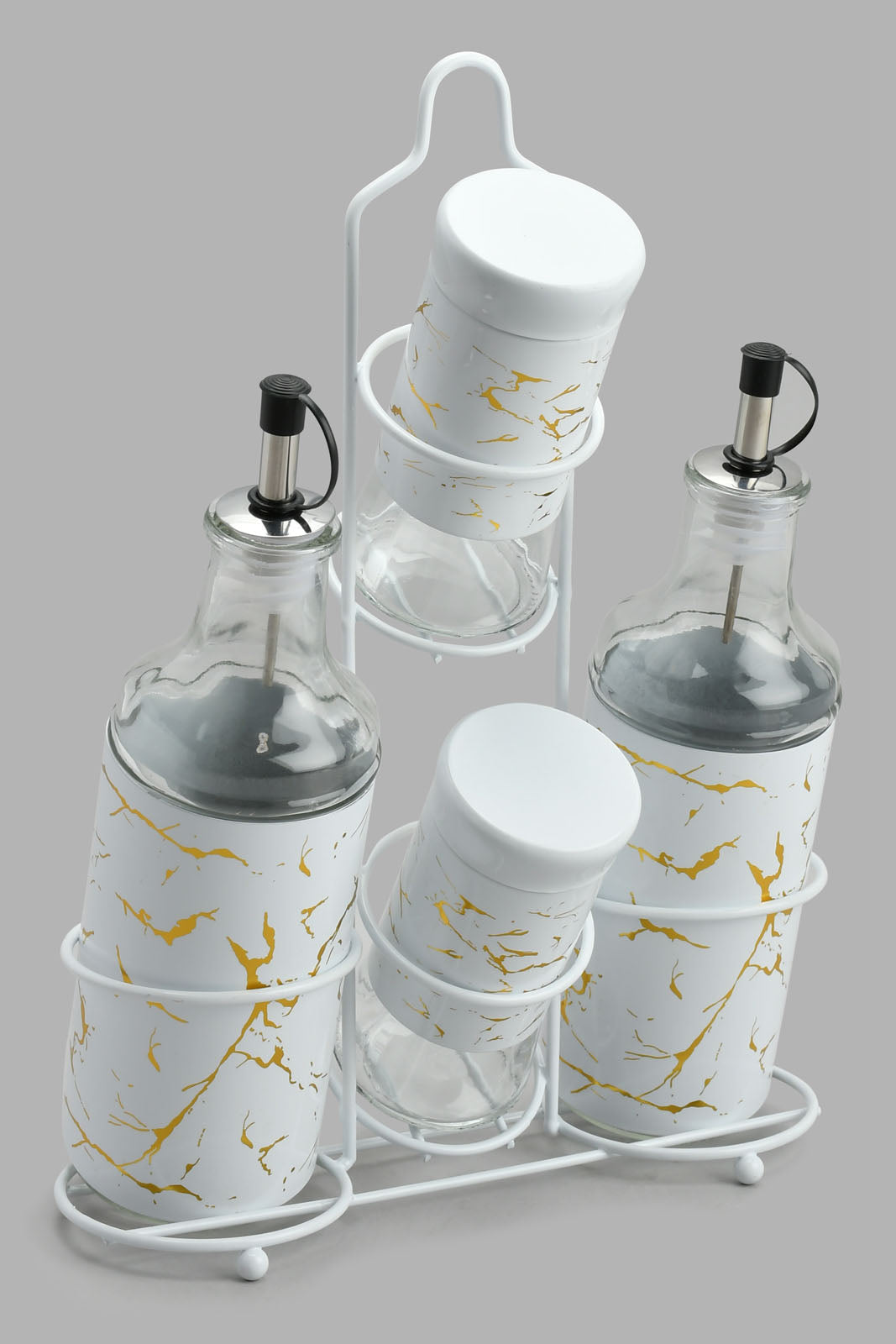 Redtag-White-Marble-Pattern-Glass-Spice-Jar-Set-With-Metal-Stand-(4-Piece)-Storage-Home-Dining-