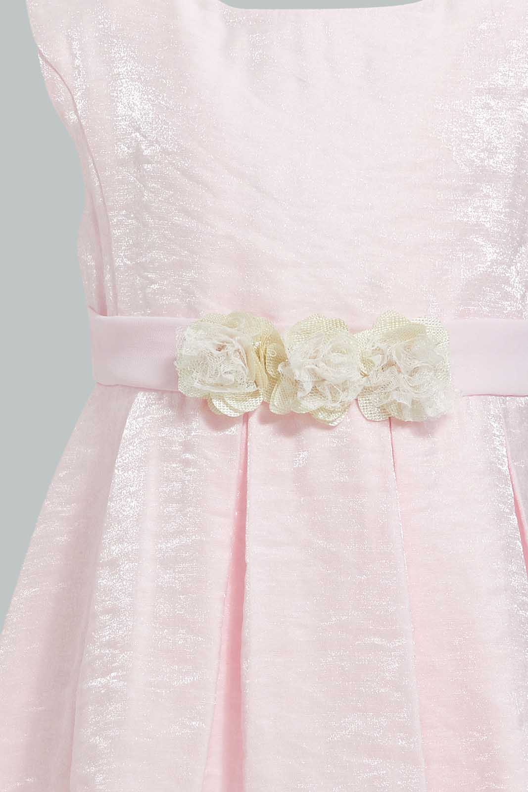 Redtag-Pink-Satin-Sleeveless-Flower-Belt-Dress-Dresses-Infant-Girls-3 to 24 Months