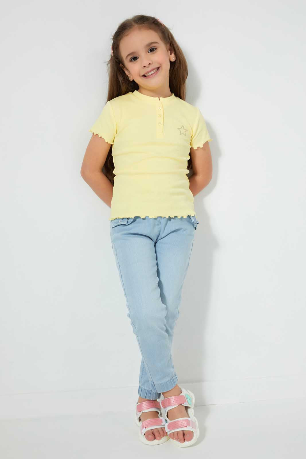 Redtag-Pale-Yellow-Short-Sleeve-T-Shirt-With-Half-Placket-Blouses-Girls-2 to 8 Years