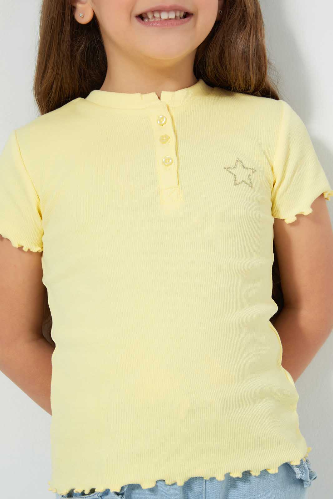 Redtag-Pale-Yellow-Short-Sleeve-T-Shirt-With-Half-Placket-Blouses-Girls-2 to 8 Years