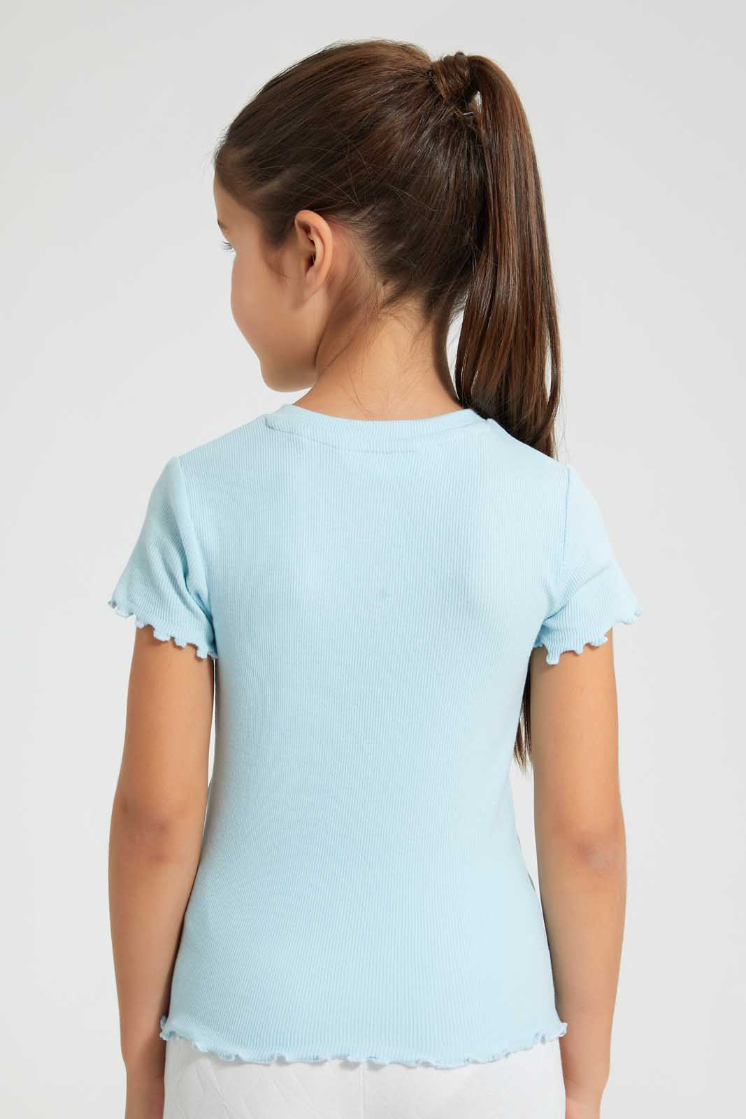 Redtag-Sky-Blue-Short-Sleeve-T-Shirt-With-Half-Placket-Blouses-Girls-2 to 8 Years