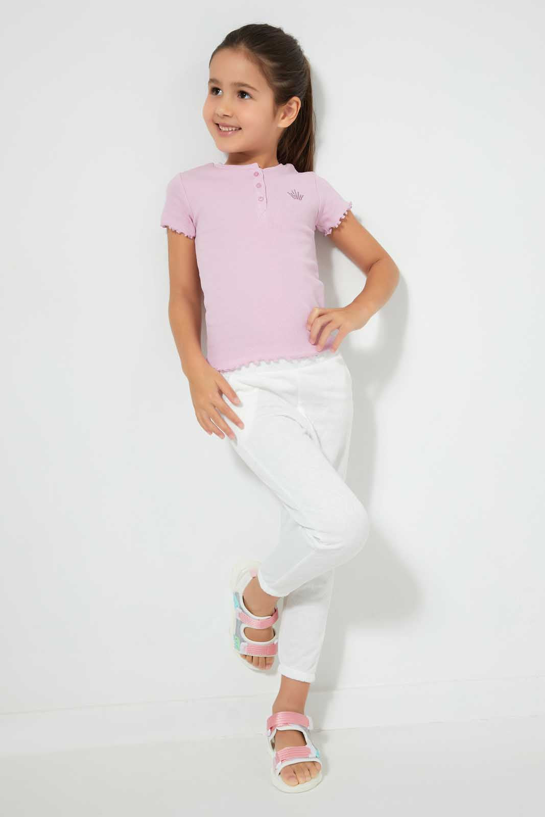 Redtag-Purple-Short-Sleeve-T-Shirt-With-Half-Placket-Blouses-Girls-2 to 8 Years