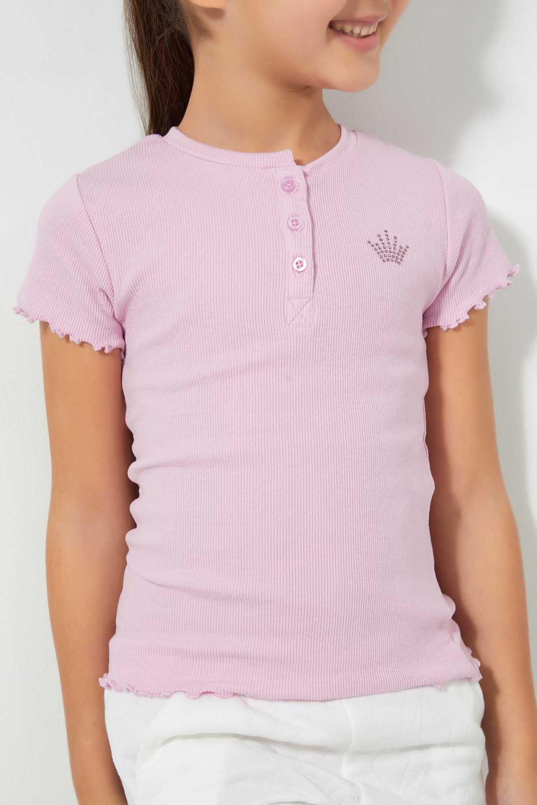 Redtag-Purple-Short-Sleeve-T-Shirt-With-Half-Placket-Blouses-Girls-2 to 8 Years