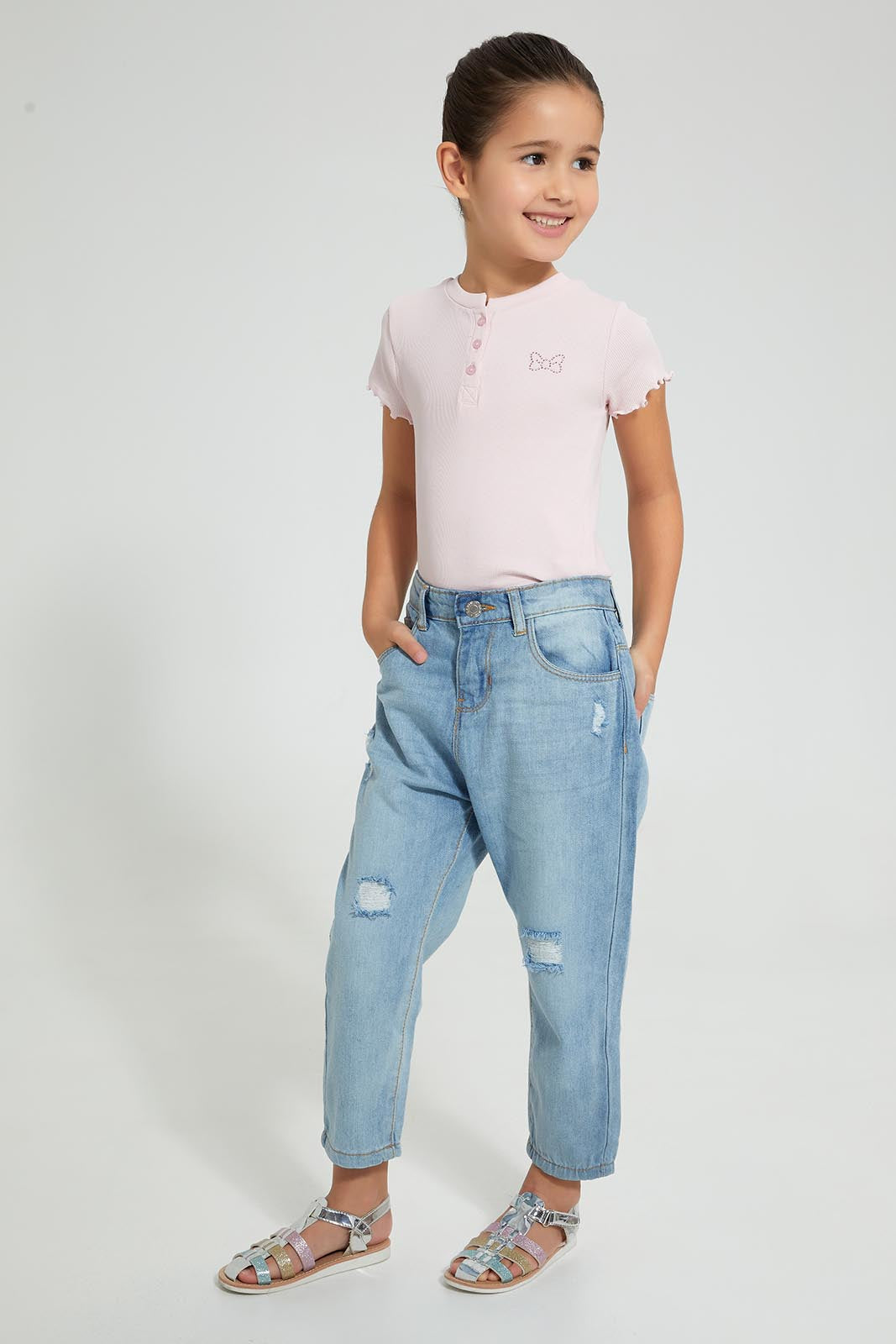 Redtag-Pink-Short-Sleeve-T-Shirt-With-Half-Placket-Plain-Girls-2 to 8 Years