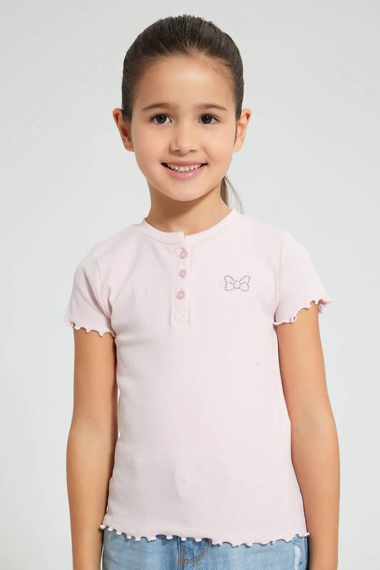 Redtag-Pink-Short-Sleeve-T-Shirt-With-Half-Placket-Plain-Girls-2 to 8 Years