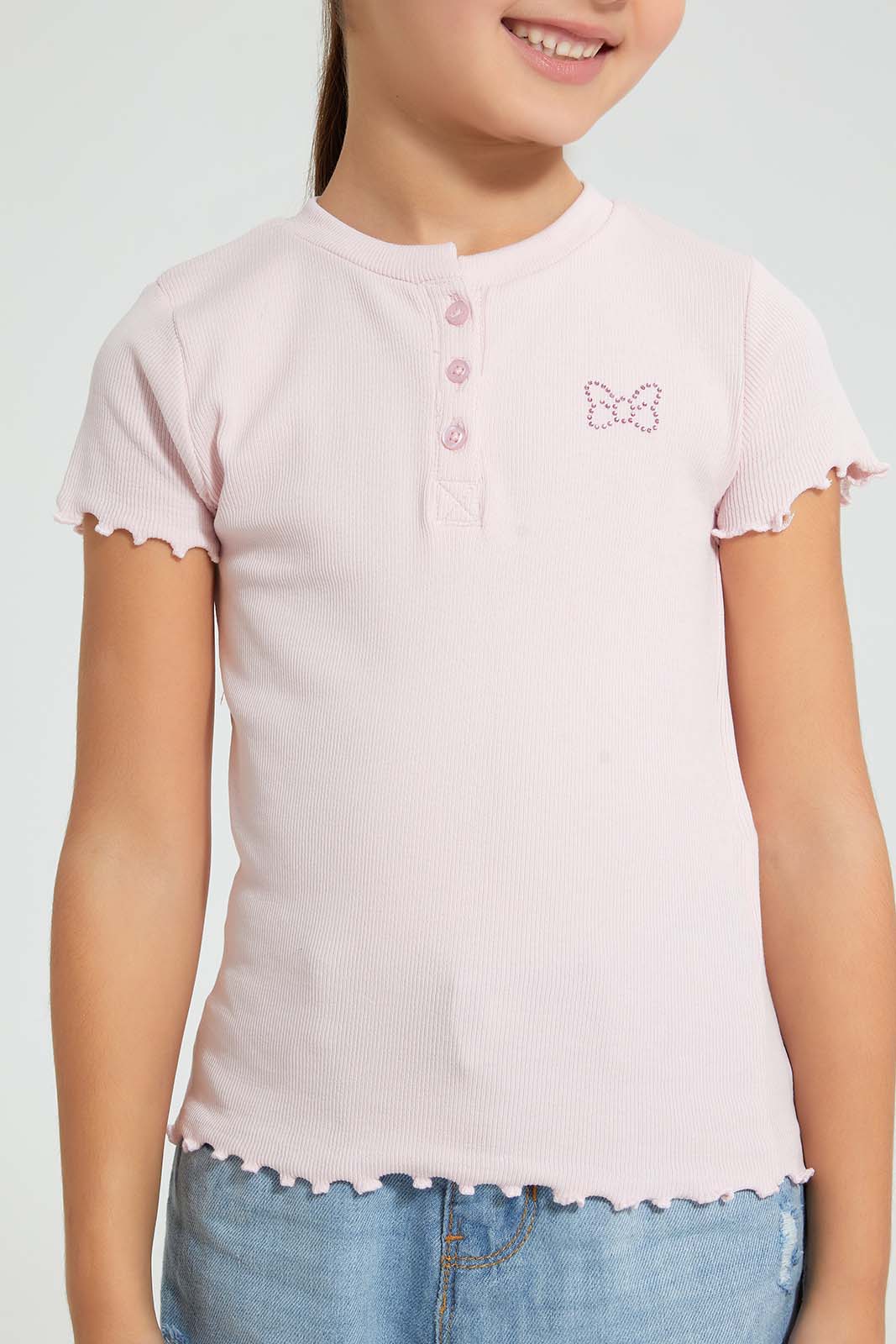 Redtag-Pink-Short-Sleeve-T-Shirt-With-Half-Placket-Plain-Girls-2 to 8 Years
